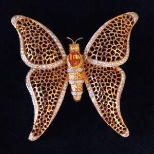 Vintage Signed CINER Gold Tone Butterfly Brooch Amber & Clear Rhinestones Large